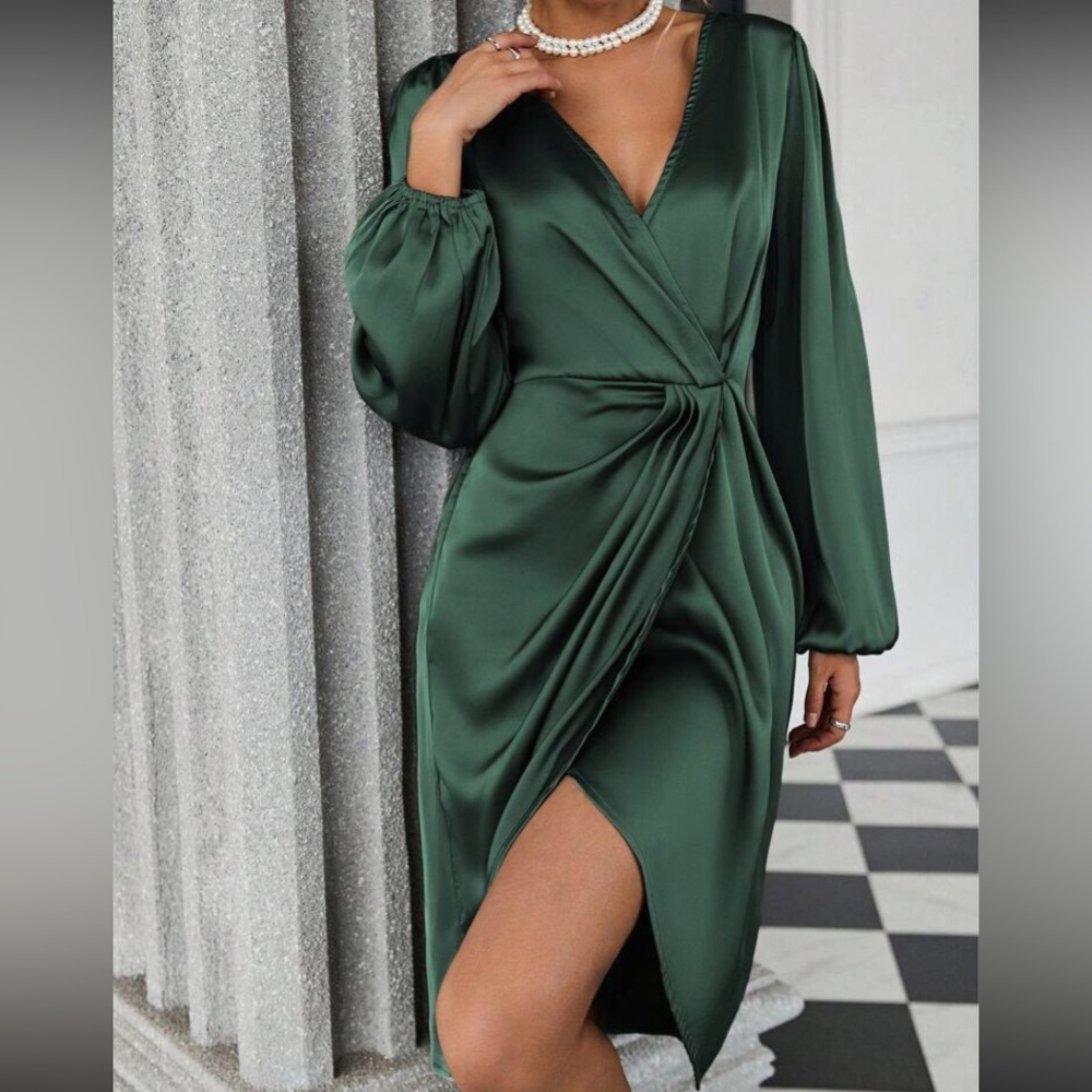 Luxe lantern sleeve wrap hem dress